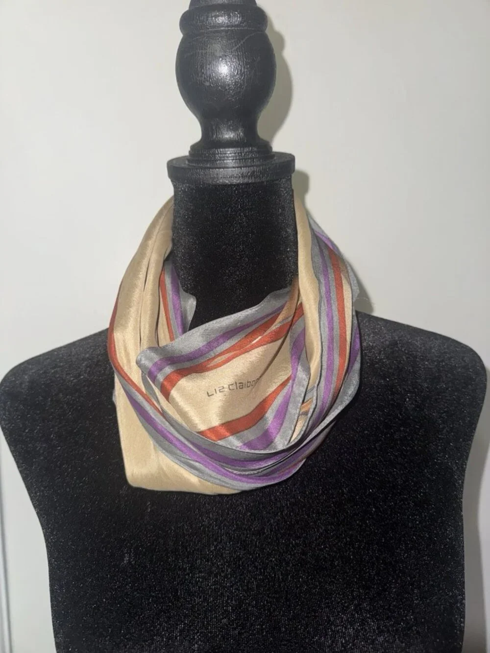 Vintage Liz Claiborne 100% Silk Scarf Long Diagonal Multicolor Stripe Wingtip